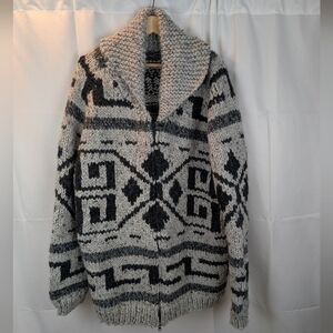 Cowichan Style Hand Knitted Patterned Cardigan size XL(by measurements) in VGUC